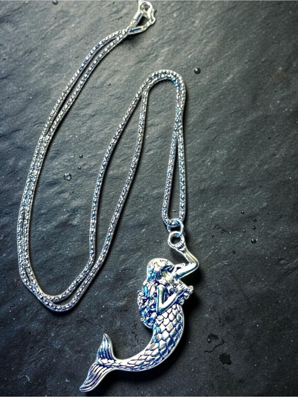 Sterling Silver-Tone Mermaid Pendant Necklace - Silver. Handmade
